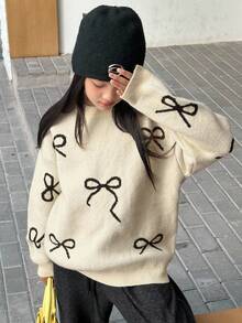 Dazy Kids Flicktröja med rund hals, fjärilsmönster och långärmad, höst - Beige - Visa 1