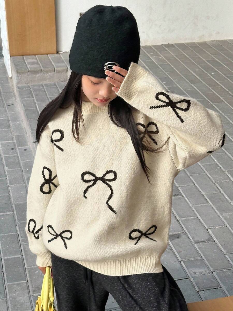 Dazy Kids Flicktröja med rund hals, fjärilsmönster och långärmad, höst - Beige - Visa 1