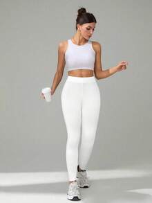 SHEIN Tall Vita stickade skinnybyxor med enfärgad design för vardags- och träningskläder Vita leggings Vita leggings för kvinnor Vita leggings för kvinnor Vita byxor för kvinnor - Vitt - Visa 3