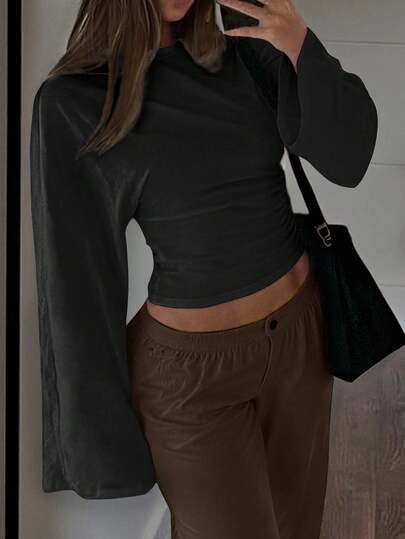 INAWLY Lässiges, vielseitiges Damen T-Shirt mit Rundhalsausschnitt, Langarm und figurbetonter Passform in Unifarbe