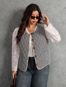 Elaquor Plus Size Casual Plaid Sleeveless Jacket, Autumn/Winter Quilted Vests Sleeveless Vests Fall/Winter - Black - View 5