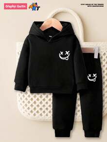 男婴休闲时尚舒适简约趣味脸部图案印花长袖连帽衫和运动裤套装，秋冬 - 黑色 - 查看 7