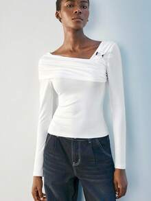 Maija White Asymmetric Ruched Front Rose Gold Metal Button Decor Long Sleeve Minimalist Elegant Blouse For Women White Top Women Long Sleeve White Top Fitted Tops Women Women Long Sleeve Tops White Tops Women,Fall Women Clothes,Halloween,Fall Clothes For Women