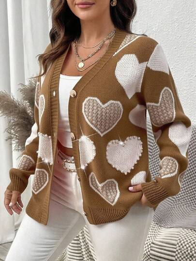 Elenzga 大码女式心形图案长袖单排扣休闲针织开衫，秋季