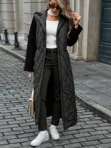 EURMUSE Hoodie Quilted Padded Coat With Belt Details - Black - View 3