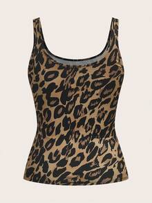 SHEIN Essnce Conjunto de top de tirantes ajustado con cintura fruncida y estampado de leopardo negro casual para mujer, versátil para uso diario - Multicolor - Ver 5