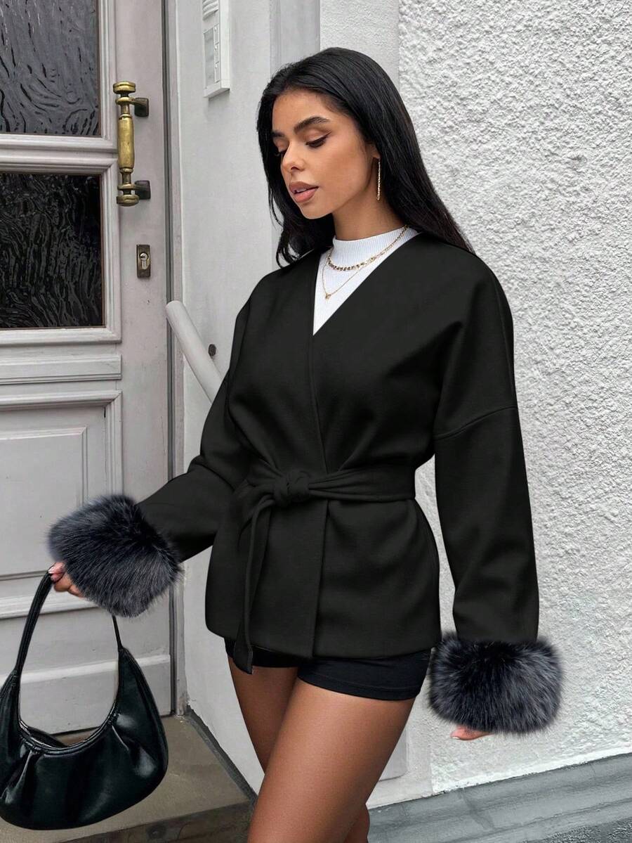 SHEIN EZwear 女士休闲纯色长袖外套，秋冬季短款套装 - 黑色 - 查看 1