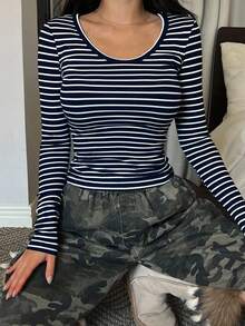 DAZY 女式基本款休闲条纹圆领长袖T恤 - 藍白色 - 查看 5