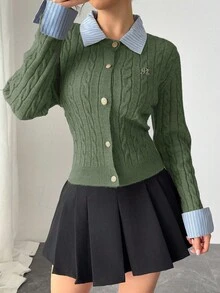 Chiquease 时尚博主风二合一拼布针织短款开衫，欧美风 - 軍綠色 - 查看 8