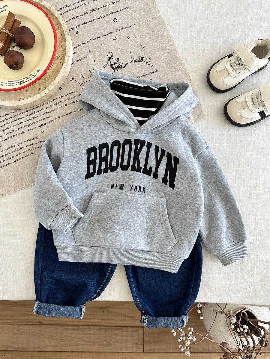 SHEIN 男婴保暖内衬卫衣，针织套头衫，休闲字母图案圆领长袖上衣，适合室内、室外、日常穿着、运动、聚会、秋冬季摄影等场合。 - 灰色 - 查看 1