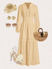 Ellevyn Women's Woven Jacquard Texture Spring Style Deep V-Neck Solid Color Ruffle Hem Lace Trim Summer Dress - Khaki - View 3