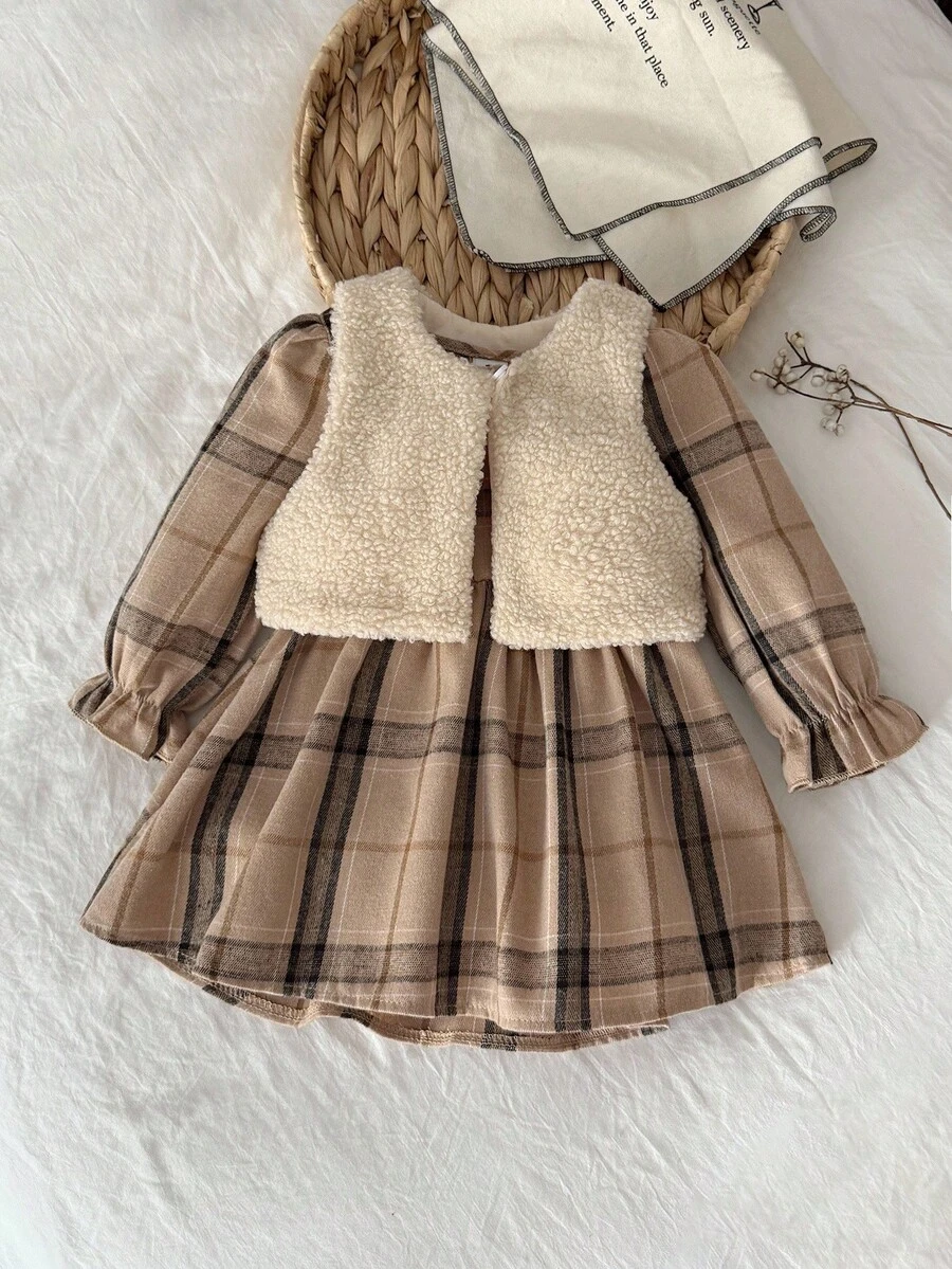 SHEIN Girls Vintage Plaid Dress + Faux Fur Vest 2 Pieces Set, Long Sleeve Flare Sleeve Sweet Outfit For Autumn/Winter Fall - Multicolor - View 1