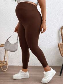 Plussiva 纯色可调节腰围孕妇紧身裤 - 棕色 - 查看 5