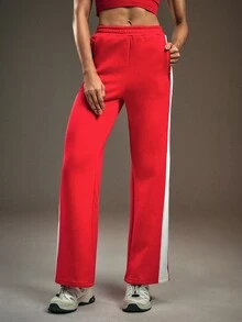 Powerista Women's Casual Sports Contrast Color Thermal Lined Zipper Pocket Pants - Red and White - View 3