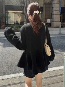 FRIFUL Women's Round Neck Metal Button Decor Ruffle Hem Patchwork Regular Jacket Women Coats - Black - View 7