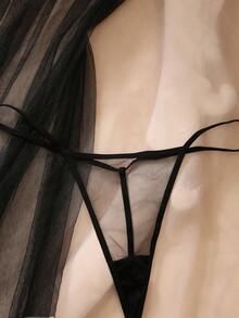 DelicateAllure 大码性感内衣套装，包括细肩带文胸和低腰丁字裤 - 黑色 - 查看 5