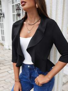 SHEIN Clasi 秋冬披肩领荷叶边开襟夹克 - 黑色 - 查看 7