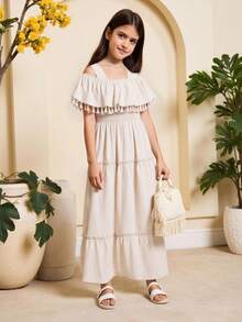 SHEIN Tween Girl Cold Shoulder Ruffle Hem Cami Dress - Apricot - View 5