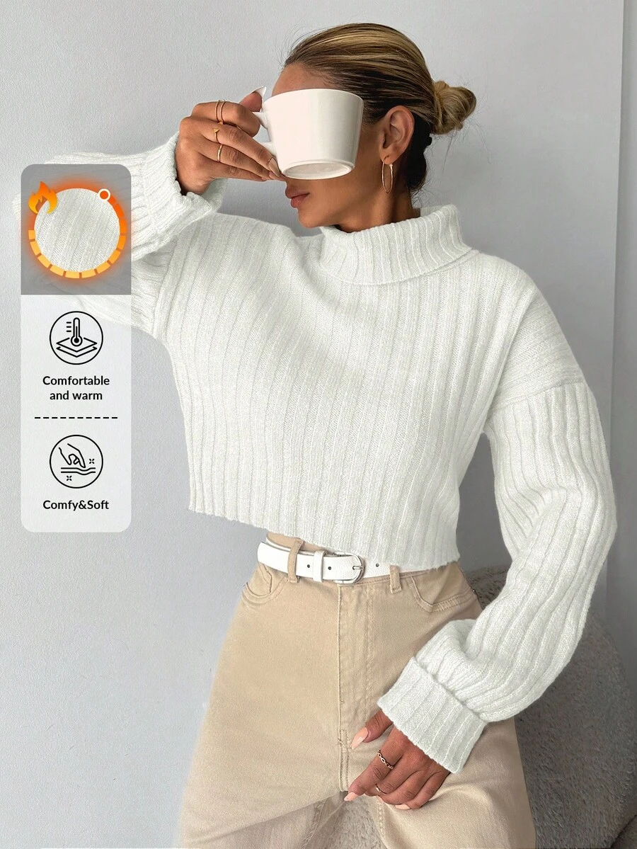 EURMUSE Turtleneck Drop Shoulder Ribbed Knit Jumper - Beige - View 1