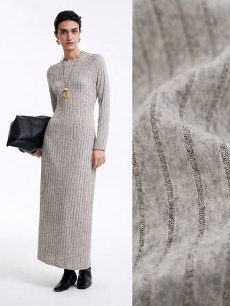 Aalyst 女性用エレガントでファッショナブルな通勤カジュアル快適魅力的なレトロミニマリストハイエンドロングスリーブラウンドネックフィットロング無地ドレス