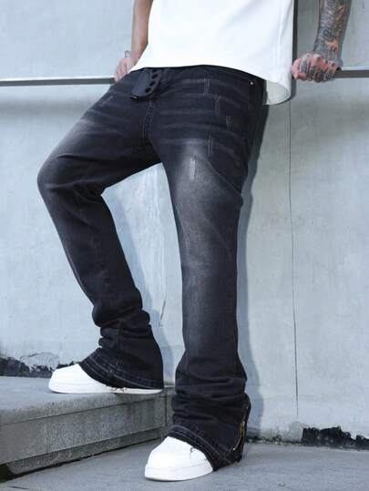 Manfinity EMRG Jeans casuales versátiles de unicolor y desgastados con bolsillo para hombres