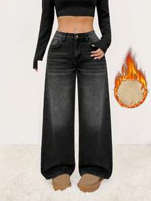 SHEIN PETITE Autumn/Winter Women's Thermal Lined Low Waist Pockets Wide Leg Loose Casual Jeans,Going Out Chic Winter-Warm Khaki Fleece-Lined Black Denim Jeans,Black Jeans
