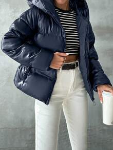 EURMUSE Abrigo acolchado para mujer, unicolor, de moda para el invierno - Azul Marino - Ver 4