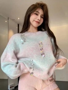 DAZY Damski luźny, swobodny, elegancki sweter w paski z nadrukiem tie-dye, kolorowy, dojazdowy, stylowy, z kryształkami i cekinami, jesień/zima - Miętowy niebieski - Zobacz 9