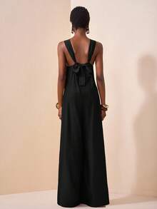 Zivah Bộ đồ liền thân ống rộng rộng rãi thời trang hở lưng kết hợp vòng tròn màu đen dành cho nữ - màu đen - Xem 3