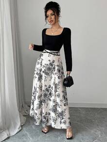 Elenzga 女式复古优雅拼色方领长袖连衣裙 - 彩色 - 查看 3