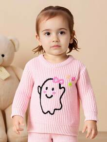 SHEIN Vintaside Kids 女婴万圣节休闲紫色毛衣，带有幽灵和花卉图案，柔软舒适，适合日常、郊游、旅行、度假、居家、日托、玩耍、派对、万圣节 - 粉色 - 查看 3