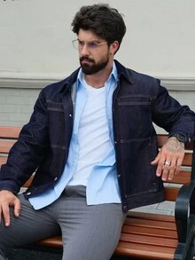 DAZY 男士纯蓝色水洗蓝牛仔短夹克，秋季 - 藍色 - 查看 4