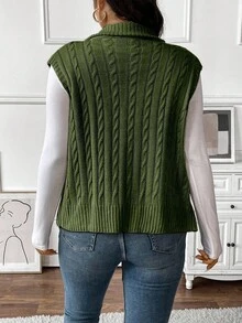 EMERY ROSE Plus Size Women Solid Color Knitted Mock Neck Cable Knit Collegiate Style Zip Front Vest, Autumn/Winter - Olive Green - View 2