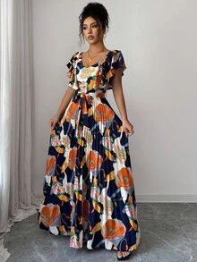 Elenzga Vestido elegante y romántico para mujer con cuello en V, estampado digital, volantes en la cintura y corte evasé, estilo vacacional - Multicolor - Ver 3