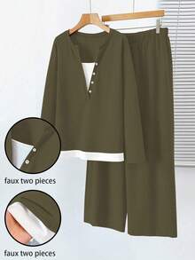 大码撞色二合一长袖半拉链上衣和裤子休闲套装，秋冬 - 彩色 - 查看 1