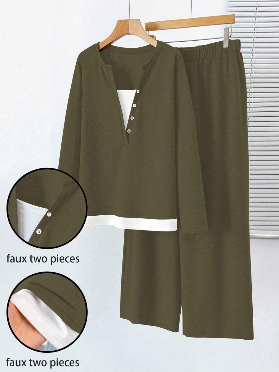 Plus Size Contrast Color 2 In 1 Long Sleeve Half-Zip Top And Pants Casual Suit, Autumn/Winter - Multicolor - View 1