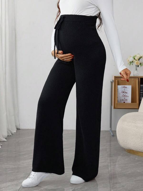 SHEIN Maternity Solid Color High Waist Wide Leg Knit Pants
