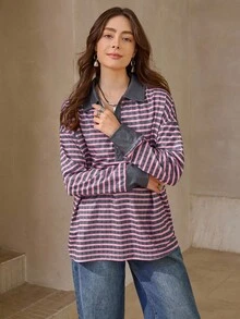Wildy Áo thun tay dài cổ polo kẻ sọc phong cách miền Tây nước Mỹ, thích hợp cho thời trang đường phố, sân bay, trở lại trường học - Nhiều màu - Xem 5