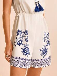 CAJUNI 女式花卉印花流苏荷叶边下摆休闲连体裤