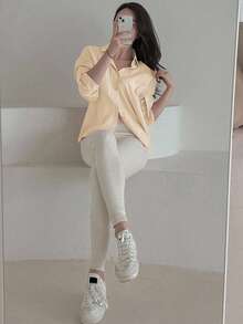 DAZY 女士宽松纯色长袖单排扣休闲衬衫 - 黃色 - 查看 4