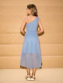 少女优雅高端雪纺单肩束腰修身礼服，朦胧蓝秋冬 - 藍色 - 查看 2