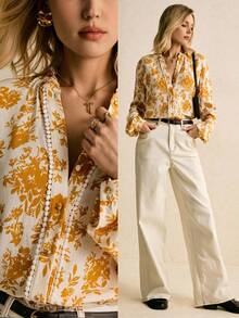 Poéselle 秋季波西米亚风花卉印花女式长袖衬衫 - 复古 V 领休闲衬衫上衣、波西米亚风花卉衬衫、V 领印花衬衫、黄色花卉衬衫、长袖休闲衬衫、节日风格衬衫、Cottagecore 上衣 - 彩色 - 查看 1