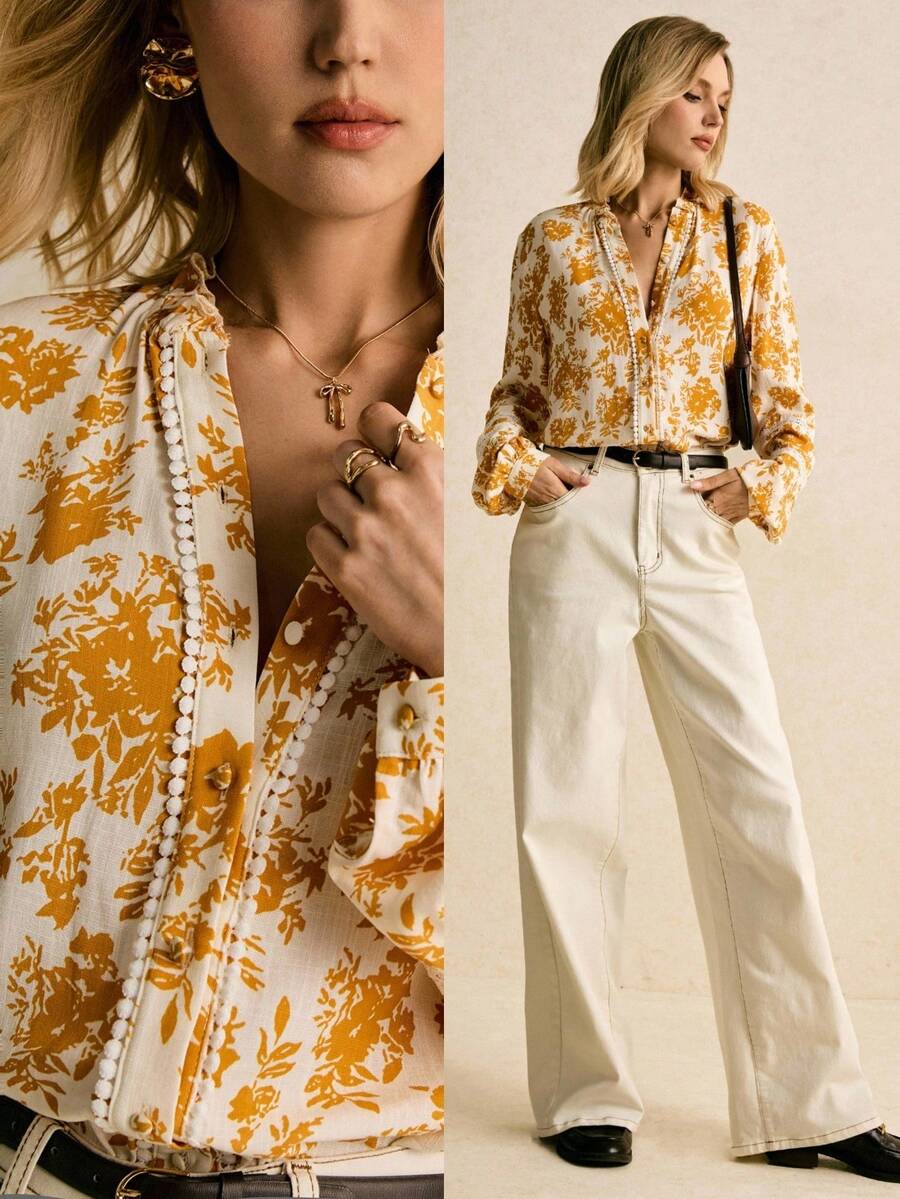 Poéselle 秋季波西米亚风花卉印花女式长袖衬衫 - 复古 V 领休闲衬衫上衣、波西米亚风花卉衬衫、V 领印花衬衫、黄色花卉衬衫、长袖休闲衬衫、节日风格衬衫、Cottagecore 上衣 - 彩色 - 查看 1