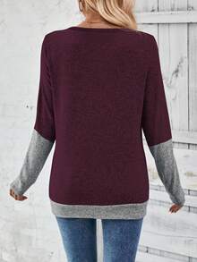 EMERY ROSE 女士休闲撞色拼布二合一 T 恤，秋季图案 T 恤女上衣 - 中紫紅色 - 查看 2