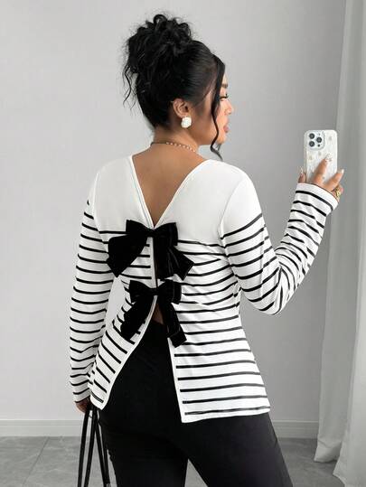 Elenzga Plus Size Striped Backless Bow Cutout T-Shirt, Spring/Summer Bow Clothes Women Long Sleeve Tops Stripe Top Bow Tops Bow Top Women