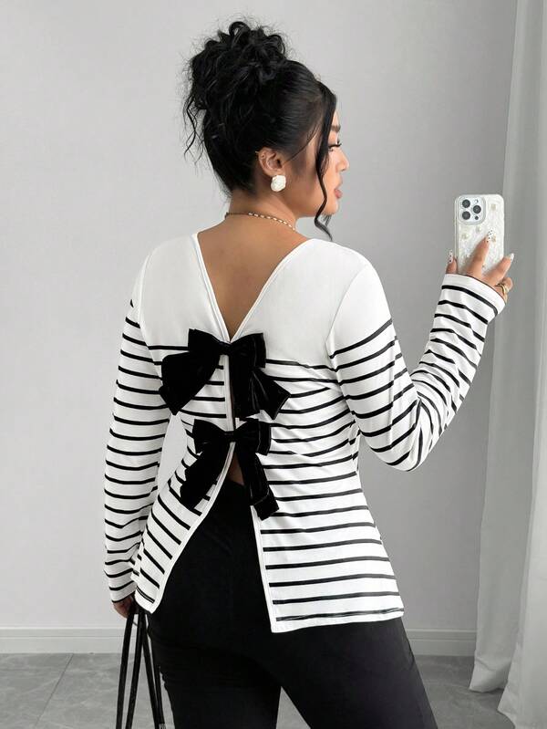 Elenzga Plus Size Striped Backless Bow Cutout T-Shirt, Spring/Summer Bow Clothes Women Long Sleeve Tops Stripe Top Bow Tops Bow Top Women