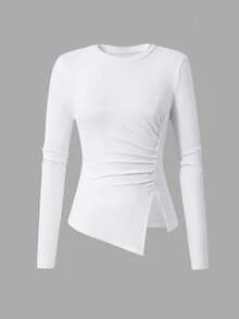 2件套少女优雅纯色不对称下摆针织长袖修身T恤