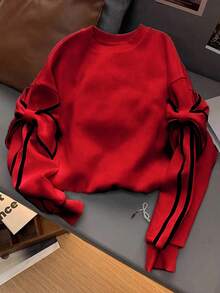 GlowEve 女式休闲圆领长袖蝴蝶结运动衫，秋冬 - 紅色 - 查看 3