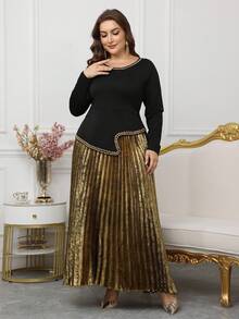 Modelyn تنورة مزينة بالترتر الذهبي مع ملابس علوية سوداء، طقم فاخر وأنيق بطراز الحفلات الراقية والرومانسية، موديل مخصص للمقاسات الكبيرة، قطعتان - الأسود - مشاهدة 5