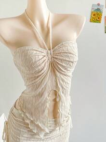 Soleia Women's Elegant Solid Color Halter Neck Spaghetti Strap Hollow Asymmetrical Hem Textured Fabric 2-Piece Set - Apricot - View 8